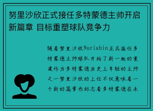 努里沙欣正式接任多特蒙德主帅开启新篇章 目标重塑球队竞争力