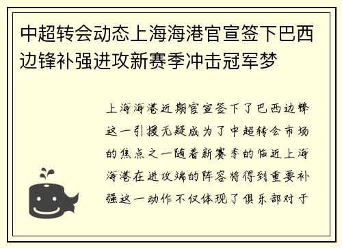 中超转会动态上海海港官宣签下巴西边锋补强进攻新赛季冲击冠军梦 中超转会动态上海海港官宣签下巴西边锋补强进攻新赛季冲击冠军梦
